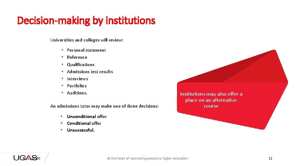 Decision-making by institutions Universities and colleges will review: • • Personal statement Reference Qualifications