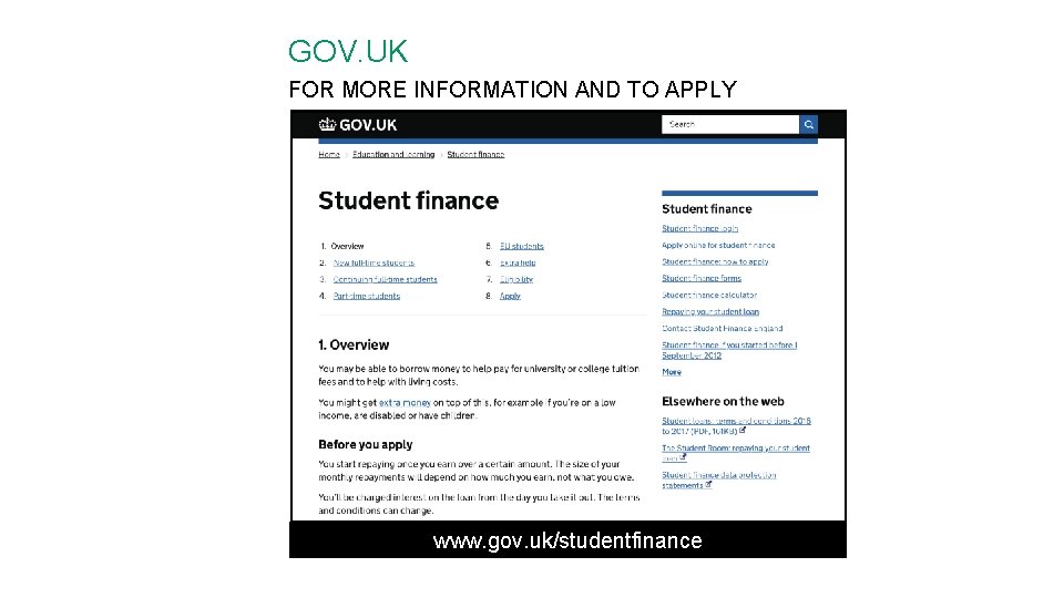 GOV. UK FOR MORE INFORMATION AND TO APPLY www. gov. uk/studentfinance 