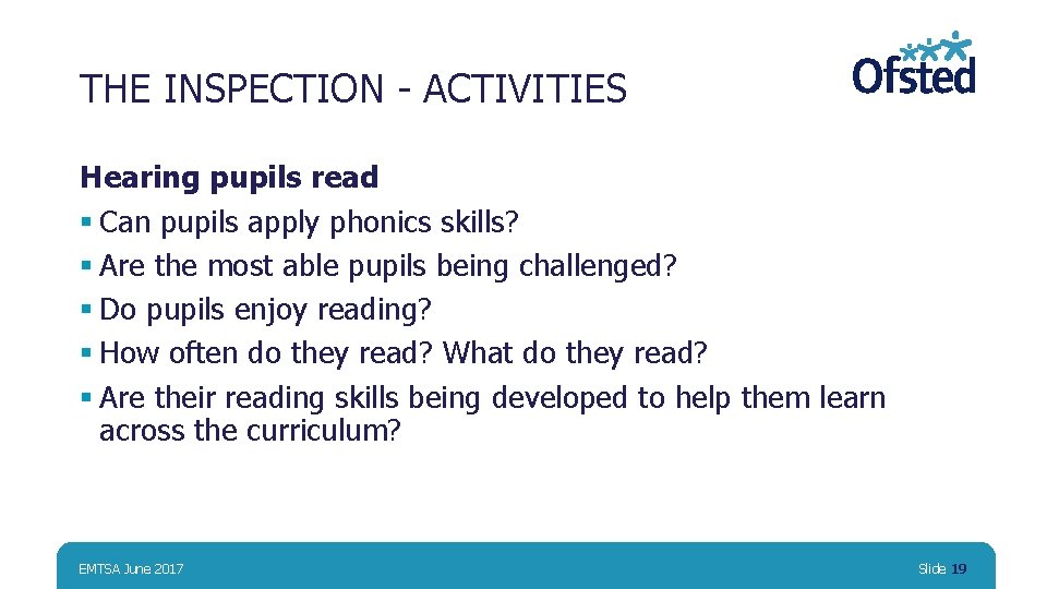 THE INSPECTION - ACTIVITIES Hearing pupils read § Can pupils apply phonics skills? §