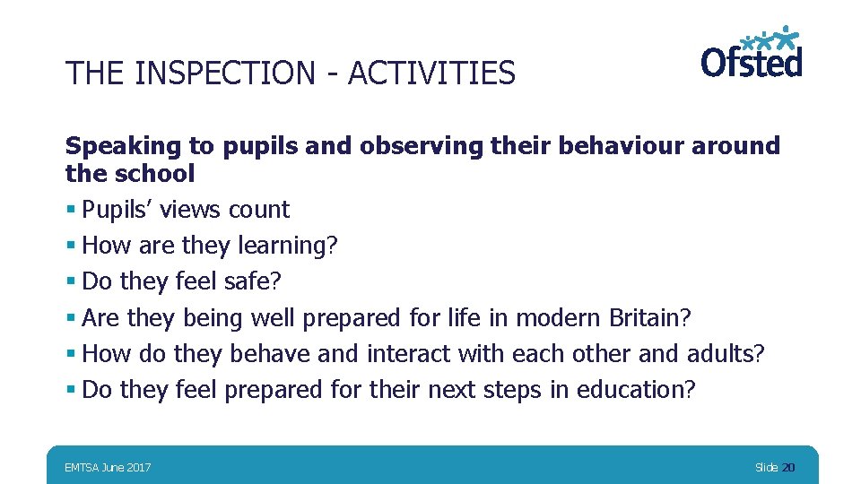 THE INSPECTION - ACTIVITIES Speaking to pupils and observing their behaviour around the school