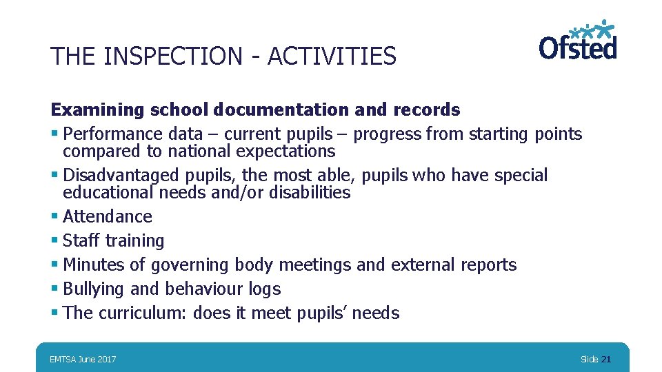 THE INSPECTION - ACTIVITIES Examining school documentation and records § Performance data – current
