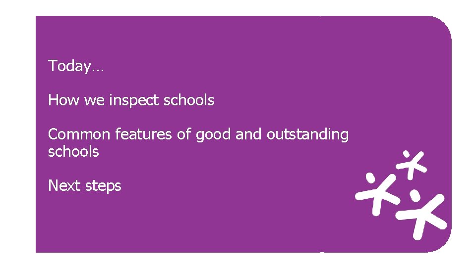 Today… How we inspect schools Common features of good and outstanding schools Next steps