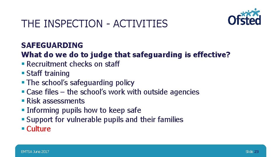 THE INSPECTION - ACTIVITIES SAFEGUARDING What do we do to judge that safeguarding is