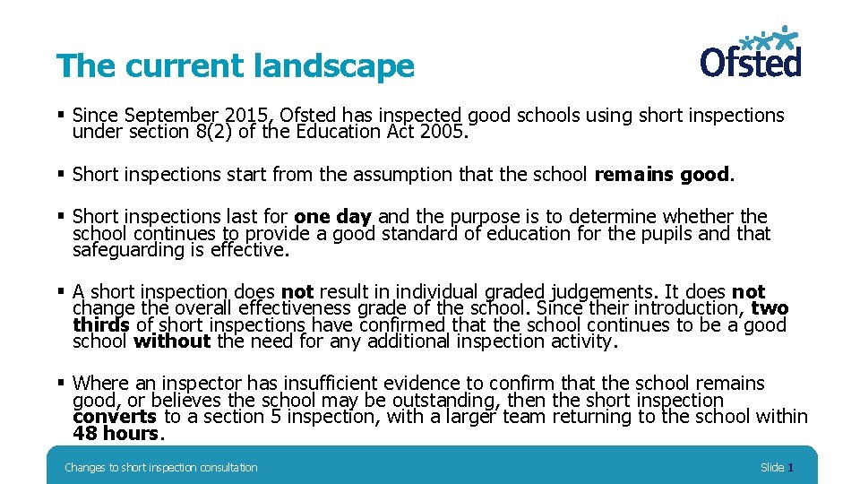 The current landscape § Since September 2015, Ofsted has inspected good schools using short