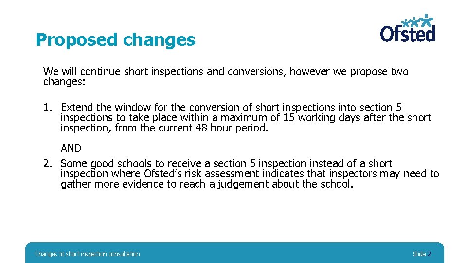 Proposed changes We will continue short inspections and conversions, however we propose two changes: