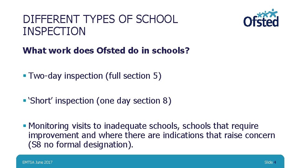 DIFFERENT TYPES OF SCHOOL INSPECTION What work does Ofsted do in schools? § Two-day