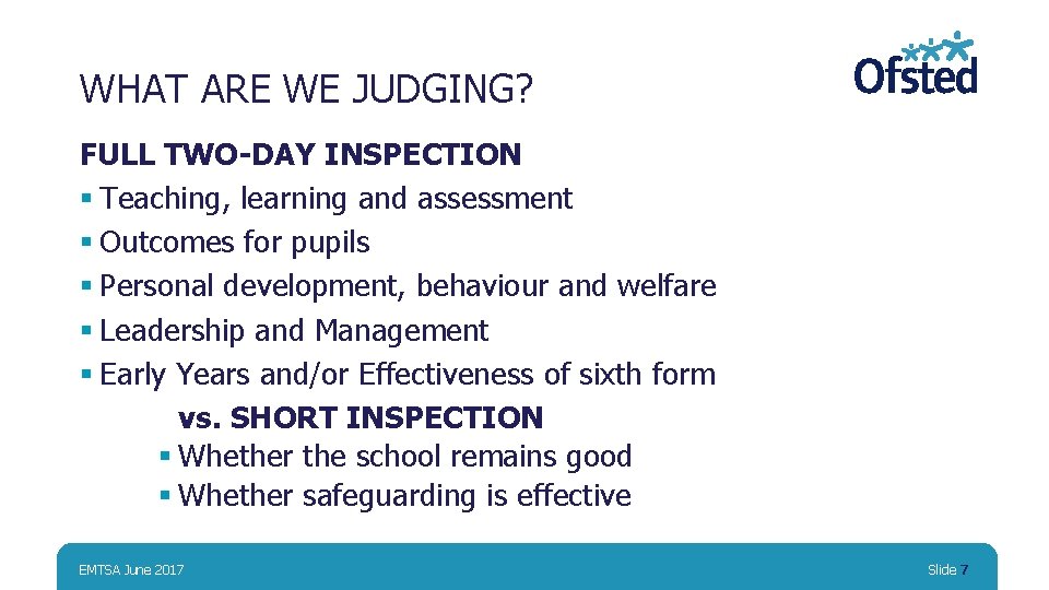 WHAT ARE WE JUDGING? FULL TWO-DAY INSPECTION § Teaching, learning and assessment § Outcomes