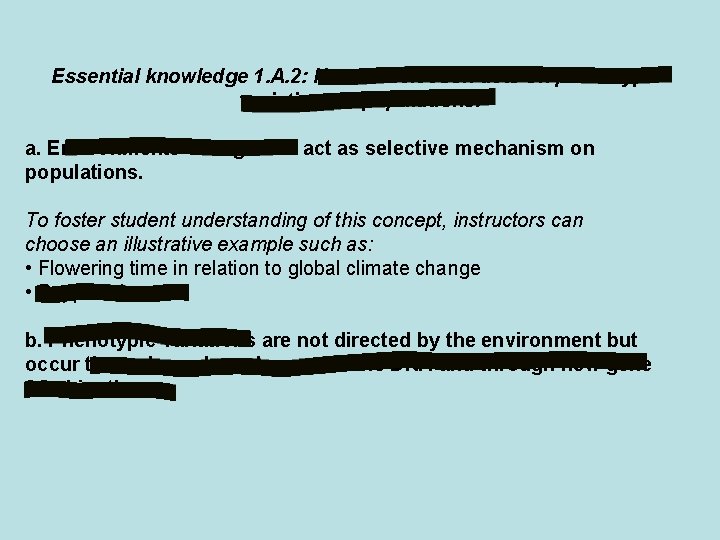 Essential knowledge 1. A. 2: Natural selection acts on phenotypic variations in populations. a.