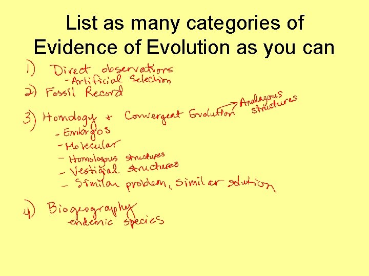 List as many categories of Evidence of Evolution as you can 