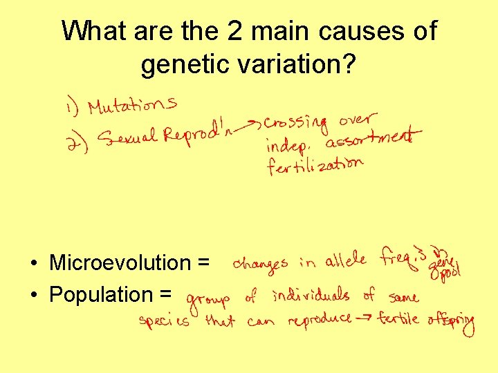 What are the 2 main causes of genetic variation? • Microevolution = • Population