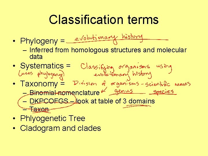 Classification terms • Phylogeny = – Inferred from homologous structures and molecular data •
