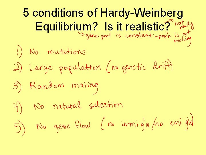 5 conditions of Hardy-Weinberg Equilibrium? Is it realistic? 