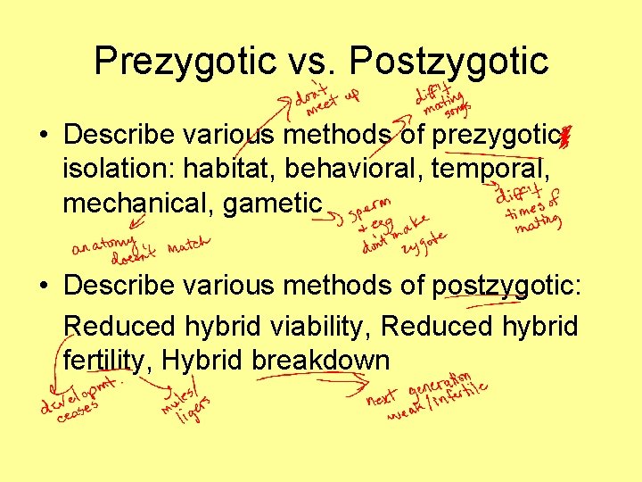 Prezygotic vs. Postzygotic • Describe various methods of prezygotic: isolation: habitat, behavioral, temporal, mechanical,