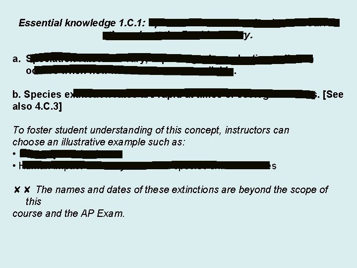 Essential knowledge 1. C. 1: Speciation and extinction have occurred throughout the Earth’s history.