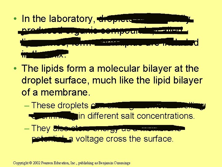  • In the laboratory, droplets of abiotically produced organic compounds, called liposomes, form