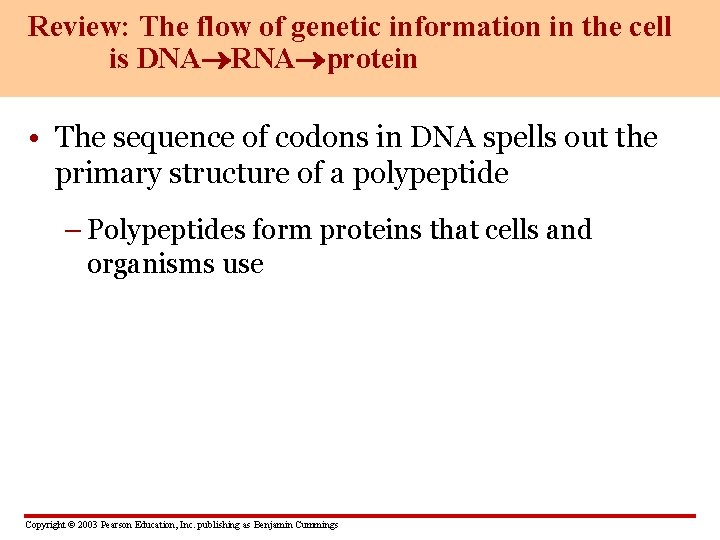 Review: The flow of genetic information in the cell is DNA RNA protein •