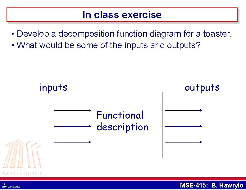 In class exercise • Develop a decomposition function diagram for a toaster. • What In class exercise • Develop a decomposition function diagram for a toaster. • What