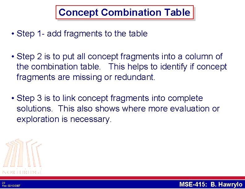 Concept Combination Table • Step 1 - add fragments to the table • Step Concept Combination Table • Step 1 - add fragments to the table • Step