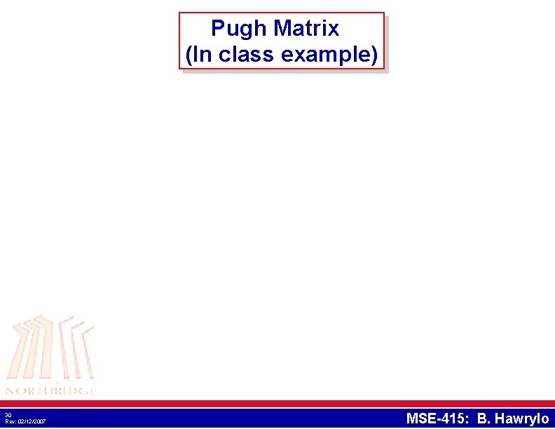 Pugh Matrix (In class example) 30 Rev: 02/12/2007 MSE-415: B. Hawrylo Pugh Matrix (In class example) 30 Rev: 02/12/2007 MSE-415: B. Hawrylo