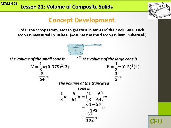 M 7: LSN 21 Lesson 21: Volume of Composite Solids Concept Development Order the