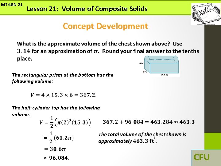 M 7: LSN 21 Lesson 21: Volume of Composite Solids Concept Development The rectangular M 7: LSN 21 Lesson 21: Volume of Composite Solids Concept Development The rectangular