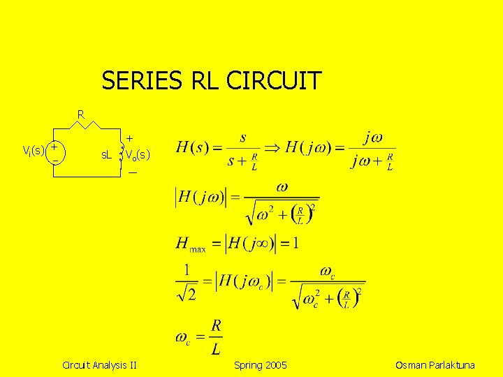 SERIES RL CIRCUIT R Vi(s) + s. L + Vo(s) Circuit Analysis II Spring