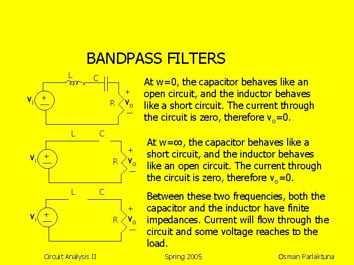BANDPASS FILTERS L vi C + + R L vi vo + Circuit Analysis