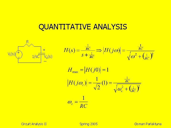 QUANTITATIVE ANALYSIS R Vi(s) + + 1/s. C Vo(s) Circuit Analysis II Spring 2005