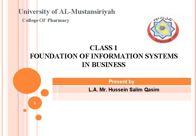 University of AL-Mustansiriyah College Of Pharmacy CLASS 1 FOUNDATION OF INFORMATION SYSTEMS IN BUSINESS