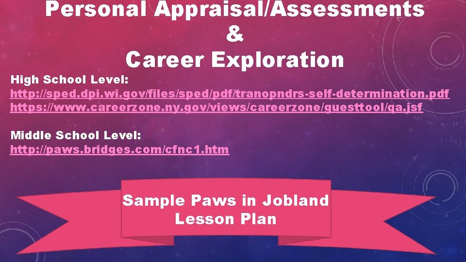 Personal Appraisal/Assessments & Career Exploration High School Level: http: //sped. dpi. wi. gov/files/sped/pdf/tranopndrs-self-determination. pdf