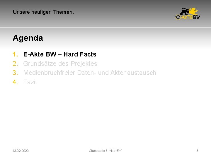 Unsere heutigen Themen. Agenda 1. 2. 3. 4. E-Akte BW – Hard Facts Grundsätze Unsere heutigen Themen. Agenda 1. 2. 3. 4. E-Akte BW – Hard Facts Grundsätze