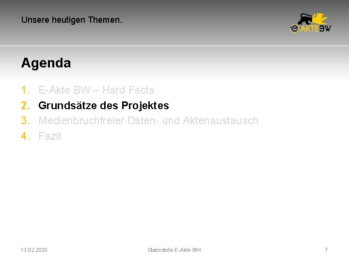 Unsere heutigen Themen. Agenda 1. 2. 3. 4. E-Akte BW – Hard Facts Grundsätze Unsere heutigen Themen. Agenda 1. 2. 3. 4. E-Akte BW – Hard Facts Grundsätze