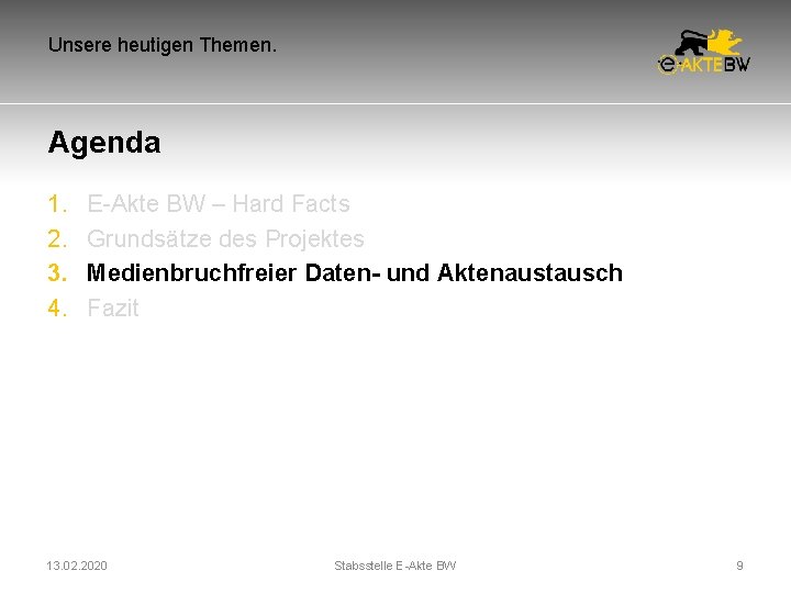 Unsere heutigen Themen. Agenda 1. 2. 3. 4. E-Akte BW – Hard Facts Grundsätze Unsere heutigen Themen. Agenda 1. 2. 3. 4. E-Akte BW – Hard Facts Grundsätze