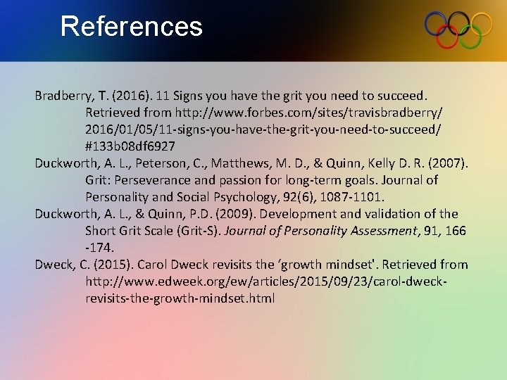 References Bradberry, T. (2016). 11 Signs you have the grit you need to succeed. References Bradberry, T. (2016). 11 Signs you have the grit you need to succeed.