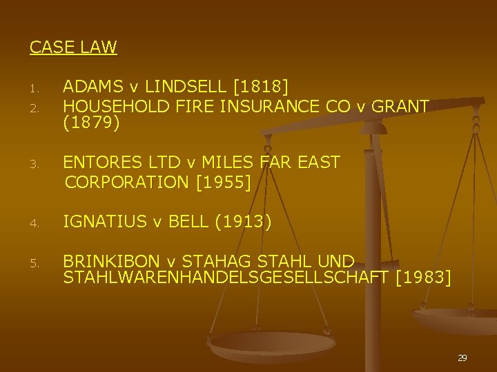 CASE LAW 1. 2. ADAMS v LINDSELL [1818] HOUSEHOLD FIRE INSURANCE CO v GRANT