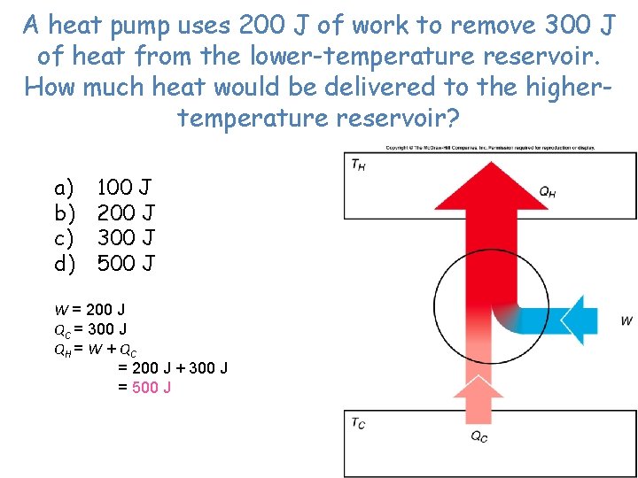 A heat pump uses 200 J of work to remove 300 J of heat