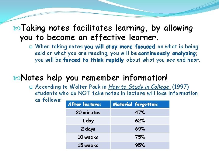  Taking notes facilitates learning, by allowing you to become an effective learner. q