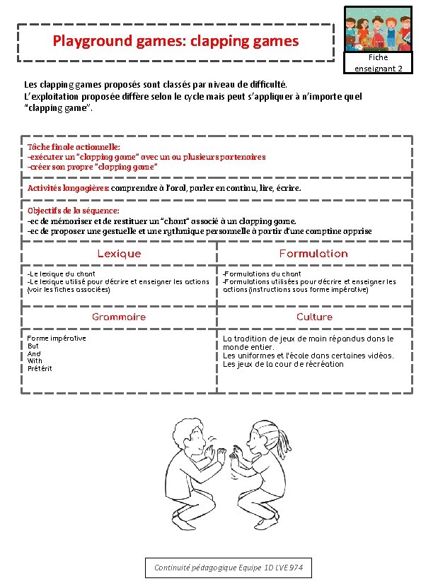 Playground games: clapping games Fiche enseignant 2 Les clapping games proposés sont classés par