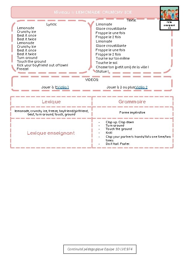 Niveau 1: DOUBLE Niveau. DOUBLE 1: LEMONADE CLAPPING CRUNCHY GAMEICE (enseignant) Texte: Limonade Glace