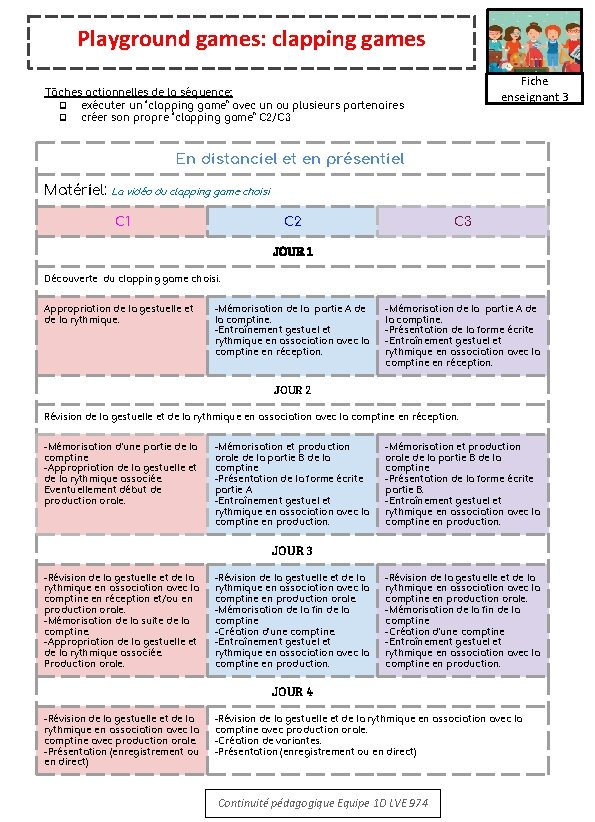 Playground games: clapping games Fiche enseignant 3 Tâches actionnelles de la séquence: ❑ exécuter