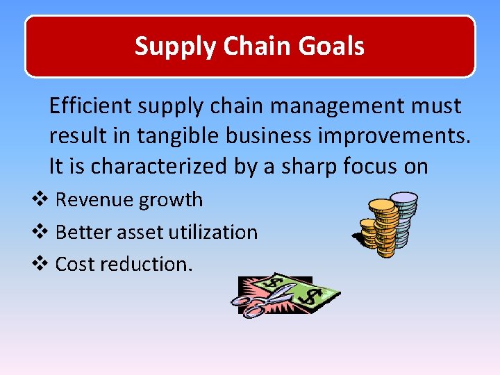 Supply Chain Goals Efficient supply chain management must result in tangible business improvements. It