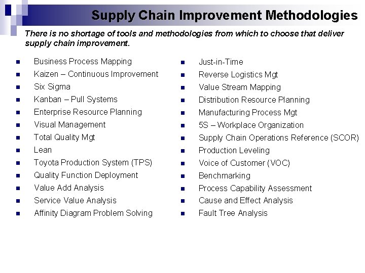 Supply Chain Improvement Methodologies There is no shortage of tools and methodologies from which