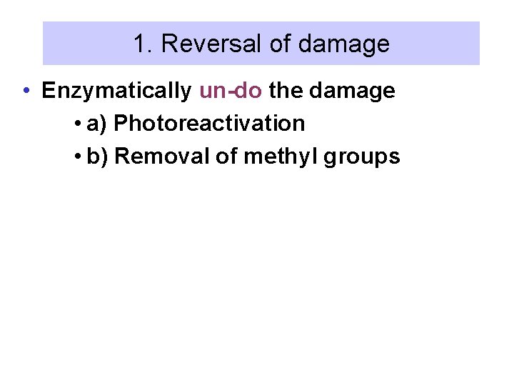 1. Reversal of damage • Enzymatically un-do the damage • a) Photoreactivation • b)