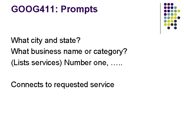 GOOG 411: Prompts What city and state? What business name or category? (Lists services) GOOG 411: Prompts What city and state? What business name or category? (Lists services)