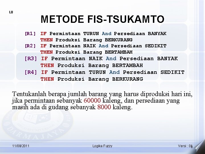 I. 8 METODE FIS-TSUKAMTO [R 1] IF Permintaan THEN Produksi [R 2] IF Permintaan