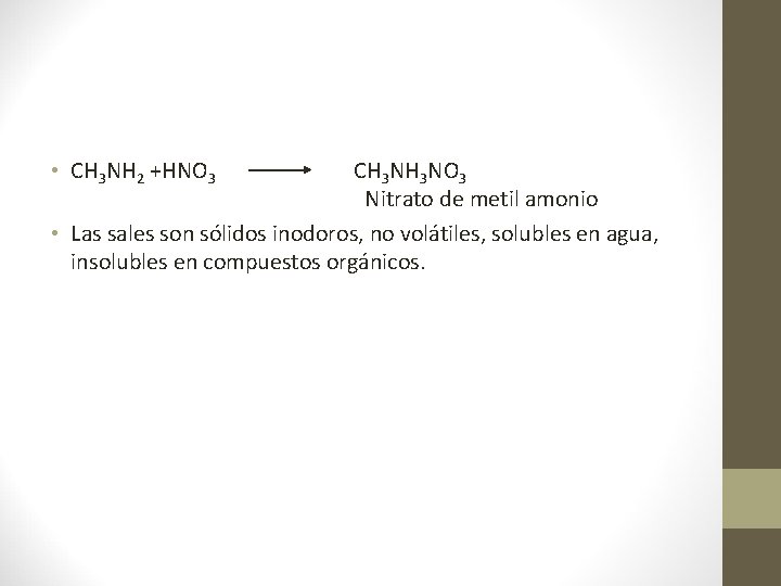  • CH 3 NH 2 +HNO 3 CH 3 NO 3 Nitrato de