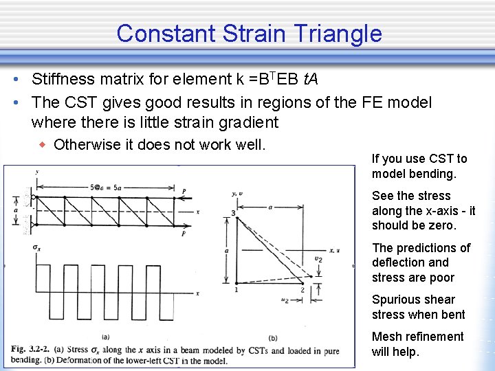 Constant Strain Triangle • Stiffness matrix for element k =BTEB t. A • The