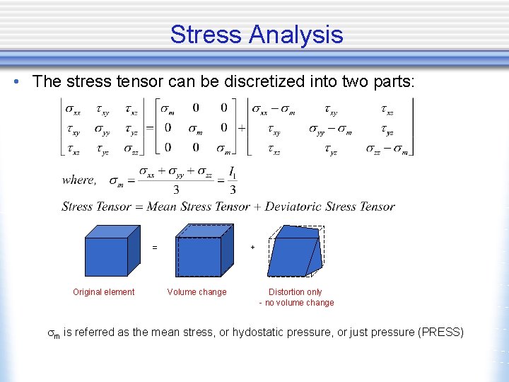 Stress Analysis • The stress tensor can be discretized into two parts: = Original