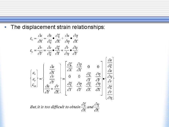  • The displacement strain relationships: 
