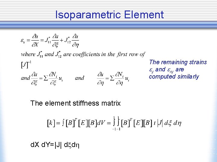 Isoparametric Element The remaining strains y and xy are computed similarly The element stiffness